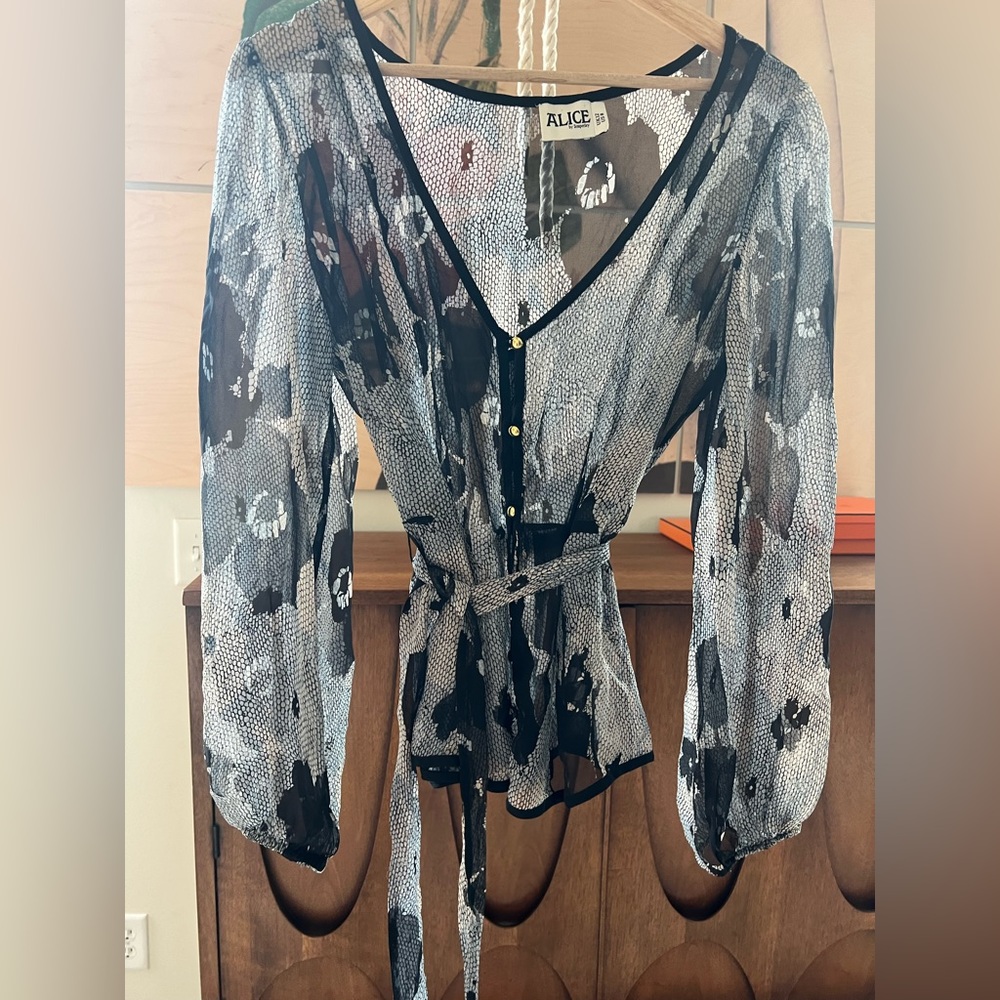 Silk Semi Sheer Button Down Tie Blouse